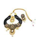 Bella Store Women Black Brass Hand Painted Kundan Necklace Set