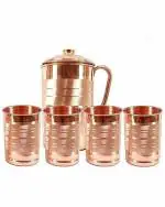 Shri Hari Art Villa Handcrafted Brown Copper Jug Pitcher with 4 Glass Tumbler - 1500 ml (Pack of 5)
