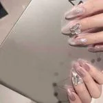 Secret Lives Acrylic Designer Cats Eye Artificial Extension Curve Shape Translucent Pink 3D Grey Butterfly Design Fake Nails Design 24 pcs Set with Manicure Kit