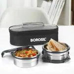 Borosil Feast Stainless Steel Lunch Box with Bag, Set of 2 (400 ml Each), Tiffin For office, School & College, Horizontal