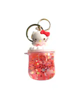 VASUSS Fancy Stylish Bottle Design Glass Water Keychain-Floating Sparkles and Glitters-Cute Hello Kitty Top Keyring for Girls Women-Keyring for Car|Bike|Office and Home Keys-Gift for friends (Red)