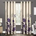 Amazures Cream and Purple Color Design 3D Digital Printed Polyester Eyelet Shilhouette Curtain - 4 x 5 feet (Pack of 2)