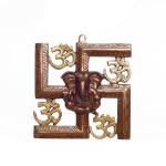eCraftIndia Brown Embossed Brass Swastika Om Ganesha Wall Hanging 9 inch x 8 inch