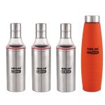 Nirlon Stainless Steel Hexa Oil Dispenser 800 ml and Orange Water Bottle 1L (Set of 4)