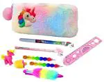 1 Pencil Pouch, 1 fur pen, 2 stacking pencil, 1 unicorn pencil, 1 unicorn water pen, 2 designer eraser, 1 scale