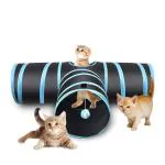 ZIBUYU Cat Toys for Kittens 3 Way Cat Tunnel Pet Tube Interactive Foldable Hiding Training Toy for Cat Kitten Rabbit and Puppies with Hanging Teaser Toy - Blue