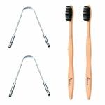OREAYU 2 Charcoal Bamboo Toothbrush and 2 Surgical Grade Stainless Steel Tongue Cleaner for Total Oral Care for Adults