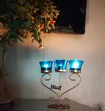 blissful decor presents heart shape Triple Candle Holder With 3 blue Glasses Home Decor Items for Living Room | Decorative Items For Home | Dining Table | Glass Stand for Dining Table( glass colour- blue)