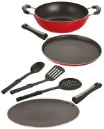 NIRLON Red Aluminium Non Stick Coated Set of Concave Tawa-27.5 cm, Kadhai-24 cm, Flat Tawa-27 cm, 3 Spoon (Pack of 6)