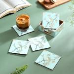 DULI Set of 6 Square Wooden Aqua Gold Birds Coaster with Case