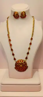 MAYURI'Z COLLECTION_Assamese Traditional Necklace & Earring Set, Pure Silver-Gold Plated (Kesa Xun) with general stones, Shield Shaped, with adjustable dori closure