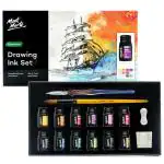 Mont Marte Drawing Ink Kit Signature 16pc, Includes 12 x 0.24 US fl.oz (7ml) Ink Colours, Glass Dip Pen, Paint Brush, Pen Rest, Ink Well, Ideal for Illustration, Calligraphy, Scrapbooking.