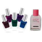 JUICE | 5 NAIL POLISH COMBO 18 (MAHOGANY - 96 / PEARLY MAGENTA - 188 / PEARLY FOREST - 200 / SAPPHIRE BLUE - 272 / EMINENCE - 273) & 1 NAIL POLISH REMOVER | WATERPROOF & LONG LASTING | PACK OF 6