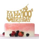 Festiko Gold Glitter Happy 100th Birthday Cake Topper, Hello 100, Cheer To 100 Years Old, 100th Anniversary, Birthday Party Decoration Supplies