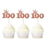Festiko 24 Pack Rose Gold Glitter Number 100 Cupcake Toppers With Crown Baby 100 Days Cupcake Picks 100th Birthday Anniversary Party Cake Decorations