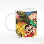 CHHAAP Shinchan with Friends in Rain Printed Microwave Safe White Ceramic Coffee Mug for Kids (350 ml)  (CR17 22)