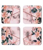 Whats Your Kick Marble Texure Pink Flower Texure Design Printed Set of 4 Coaster With Metal Stand