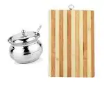 BLUE WONDER Stainless Steel Multipurpose Ghee Pot/Pickle Container with Spoon With Wooden Chopping Board and (Multicolour, Pack of 2)