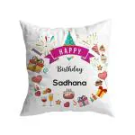 Ashvah White Satin Happy Birthday Sadhana Printed Cushion Cover With Filler For Daughter, Wife, Name-Sadhana, 12 X 12 Inches