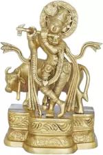 Brassaura Brass Krishna Idol Fluting Krishna with His Cow Standing Playing Flute on Base Decorative Showpiece - 24.1 cm (Brass, Gold)