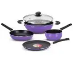 NAVRANG NONSTICK DOSA TAWA 260+KADAI 220+FRYPAN 220+SAUCE PAN 160 + GLASS LID,NON-INDUCTION,PURPLE