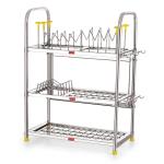 HAZEL Stainless Steel Kitchen Rack Utensils Dish Organizer Stand with Plate and Cutlery Holder Wall Mount and Standalone, 21 x 18 Inches