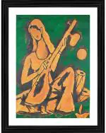 DECOR ADVENTURES Lady with Veena by M.F. Husain Wall Painting - 14x18 inch