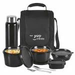 Jivo Infinite Pro Lunch Box With Steel Cutlery,3 Microwave Safe Inner Steel Containers With Bpa Free Lids Lunch Tiffin(290Ml,450Ml&600Ml)Plastic Pickle Box(130Ml)Steel Water Bottle(750Ml)-With Insulated Fabric Jacket, lunch boxes for office men
