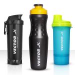 Vector X Sports Combo Of 2 Protein Shakers & Water Bottle Pack of 3 workout Shaker