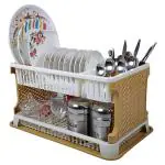 SUMOWARE 2 Layer Foldable Kitchen Dish Drainer Organizer Storage Rack with Water Storing Tray (YELLOW&WHITE)