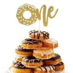 Festiko Gold Donuts Cake Topper For 1st Birthday Gold Glitter Baby First Anniversary Shower Topper, Doughnut One Birthday Party Cake Smash Topper For Photo Booth Props,