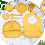 LITTLE CURIOUS Silicone Baby Feeding Set - Baby Food Plate Set For Kids With Suction Plates For Baby, Baby Feeding Bowl And Spoon Set, Bib, Snack / Sipper Cup, Baby Feeding All In 1 Combo-BPA Free Silicone - Yellow