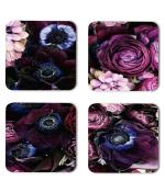 Whats Your Kick Flowers Beautiful Dark Color Flower Design Printed Set of 4 Coaster With Metal Stand