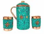Rastogi Handicrafts Copper Glass And Jug Green Stone Work 350 ml, 1500 ml