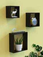Home Sparkle Black Louvers Design MDF Cube Wall Mounted Floating Shelves (Set of 3)