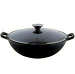 Trilonium Triple Seasoned Cast Iron Kadai 26 cm, Sleek, Weighs 2.4 kgs Capacity 3 L With Glass Lid