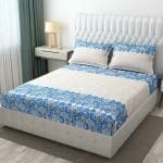 FLUFFANDFUR Premuim Fitted Elastic Queen Size Bedsheet for Double Bed with 2 Pillow Cover fit Upto 4-6 inch Mattress(90*100inch) (Queen, Blue-White)