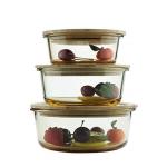HOMIES, Set of 3, Round Glass Food Storage Containers / lunch box with Bamboo Lids, Size: S: 400ml, M: 650 ml and L: 950 ml