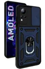 Jkobi Back Cover Case for Infinix Note 11 (Tough Hybrid Armor | Ring Holder & Kickstand in-Built | Sliding Shutter Camera Protection | Metal Blue)