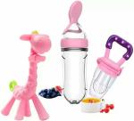 Softlia Newborn Baby Feeding Bottle Toddler Safe Silicone Squeeze Feeding Spoon Milk Cereal Bottle Baby Training Feeder Fruit Nibbler and Teether (Spoon Feeder / Fruit Nibbler and Zebra Teether) (pack of 3 ) Teether and Feeder (MULITICOLOUR)