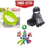 VENIK Rice Fruits Vegetable Noodles Pasta Washing Bowl and Strainer for Storing and Straining & 8 Pcs Black Measuring Cups & Bag Sealing Clip With 3 Different Sizes ( Pack Of 18 )