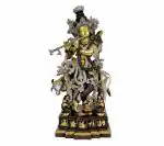 Idol Collections Brown Brass Tribhangi Krishna Krishn With Cow Statue Murti, Large