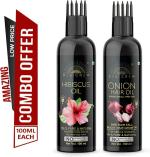 Desi Crew 100 Percent Pure Hibiscus and Onion Hair Oil with Comb Applicator Cold Pressed for Skin, Body and Hair Care 100 ml Each
