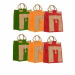 Handmakers Beige, Red, Green, Orange Jute Fashion Bags (Set Of 6)