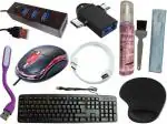 Anjo 8 in 1 Combo of Wired Keyboard, Wired Mouse, Pad with Wrist Support, USB Hub 2.0, Cleaning Kit with Cloth & Brush 100ml, Extension Cable 1.5 Meter, LED Light, OTG 2in1 Micro & C to A Type