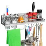 ABOUT SPACE Multifunctional Wall Mount Aluminium Hanging Utensil Display Rack - Shelf for Ladles Spoons Pans Spices Cutlery Cookware with Knife and Hand Towel Holder- 58x12.5x10 cm, Hanging Shelves