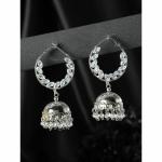 Priyaasi Brass Silver Plated Leaf-Cut Studded Hoop Jhumka Earrings For Women (Pack Of 2)