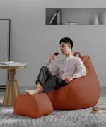 GIGLICK XXXL Faux Leather Bean Bag & Curve Footrest Filled with Beans Bean Bag Chair With Bean Filling (Tan)