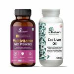 LA NATURE'S WE CARE YOUR HEALTH Multivitamin with Probiotics 60 Veg Tablets with Cod Liver Oil 60 Softgels for Holistic Health Essential Vitamin and Nutrients and for Heart Brain, Joints, Gut Health, and Energy - Men and Women