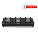 Fabiano FAB-3BR CURL SMART AUTO 3 Burner Glass Gas Stove With Auto Ignition ISI Marked (Black)